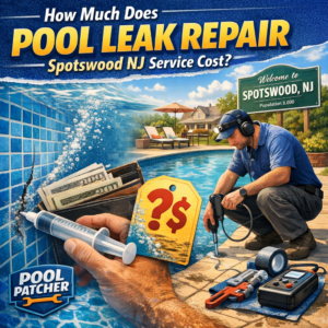 Infographic showing pool leak repair cost ranges and services in Spotswood, NJ.