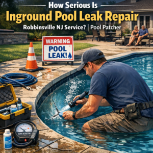 Technician repairing an inground pool leak with professional tools in Robbinsville, NJ.