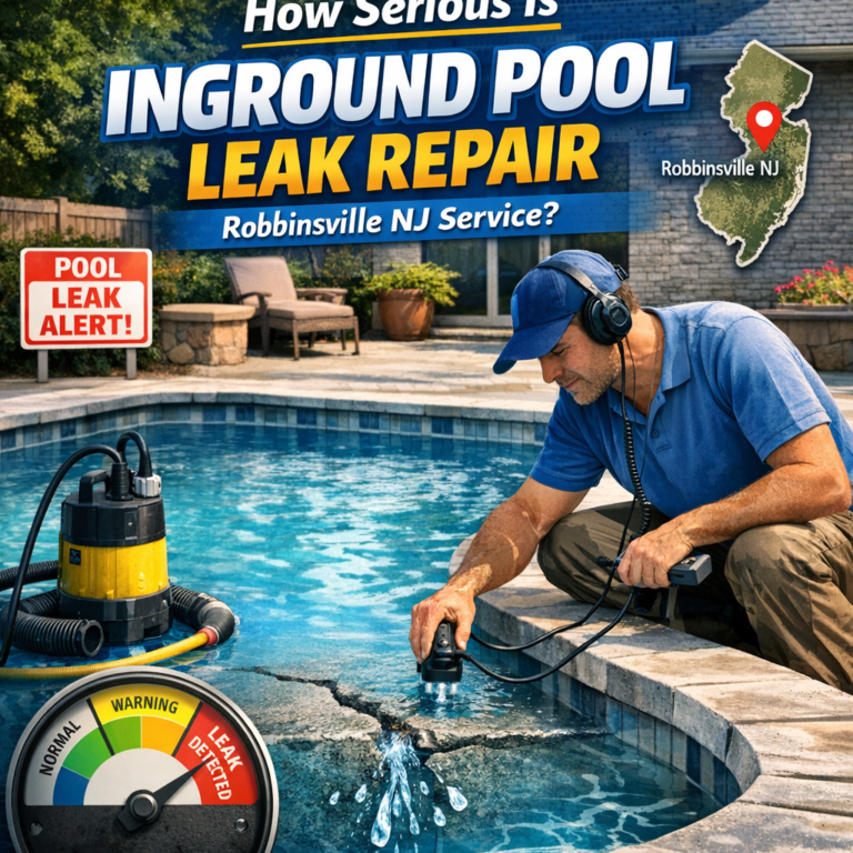 Technician repairing an inground pool leak with specialized equipment in Robbinsville, NJ.