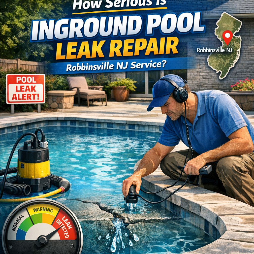 Technician repairing an inground pool leak with specialized equipment in Robbinsville, NJ.
