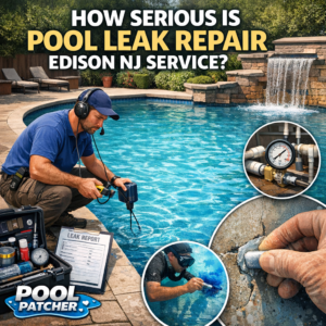 Technician repairing a swimming pool leak with specialized tools and patching materials outdoors.