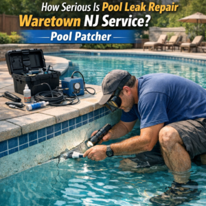 Technician repairing a pool leak with specialized tools, ensuring a professional pool patch in Waretown, NJ.