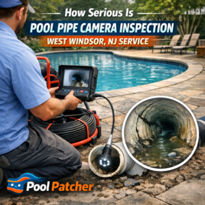 Technician performing a professional pool pipe camera inspection using specialized equipment in West Windsor, NJ.