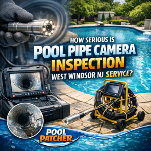 A technician conducts a pool pipe camera inspection to detect plumbing issues in West Windsor, NJ.