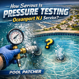 Technician performing pressure testing on a pool service line in Oceanport, NJ for maintenance.