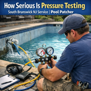 Professional pool patcher conducting pressure testing on a swimming pool in South Brunswick, NJ.