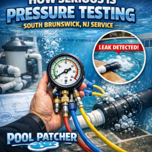 Technician performing pressure testing on pool pipes to detect leaks in South Brunswick, NJ.