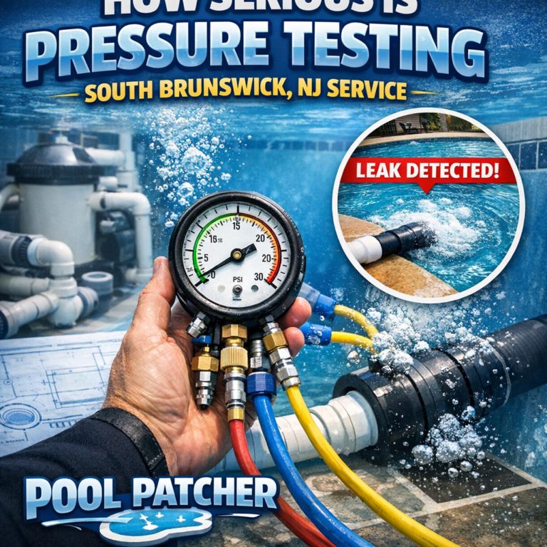 Technician performing pressure testing on pool pipes to detect leaks in South Brunswick, NJ.