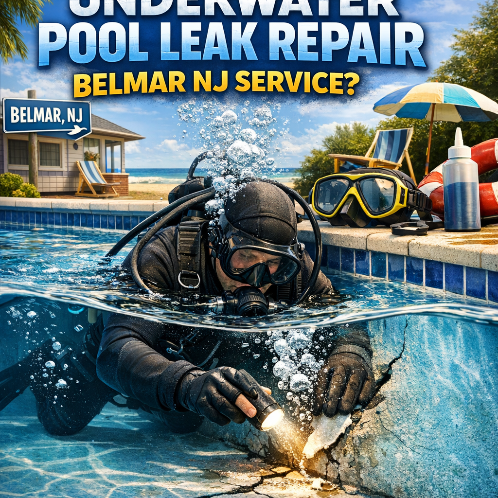 Professional diver repairing an underwater pool leak in Belmar, NJ.