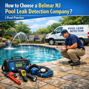 Technician using specialized equipment to detect a pool leak in a residential backyard pool.