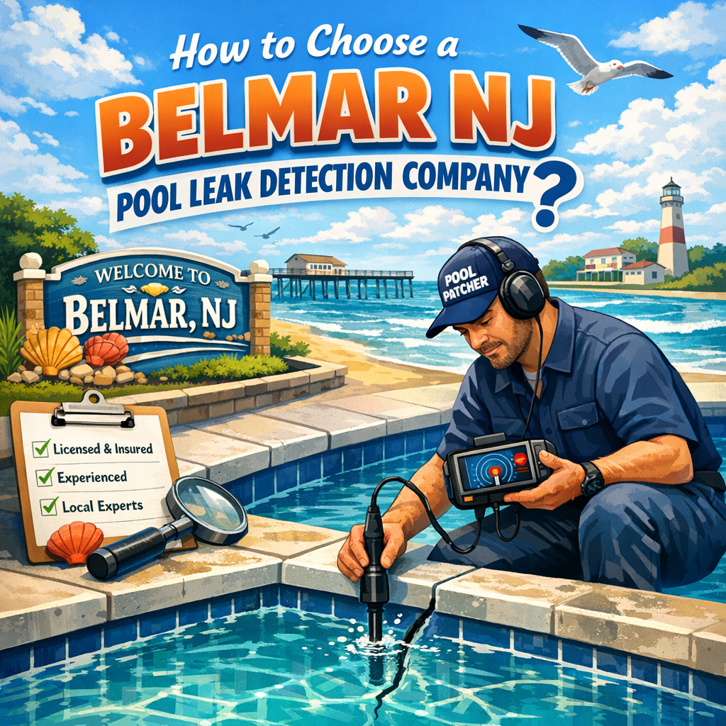 A technician inspects a backyard swimming pool for leaks using specialized equipment in Belmar, NJ.