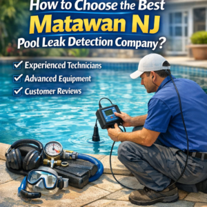 Illustration showing a confident technician inspecting a backyard pool using advanced leak detection tools.