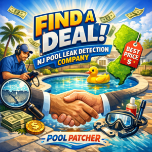 A smiling technician inspects a backyard pool, offering professional leak detection and repair services in New Jersey.