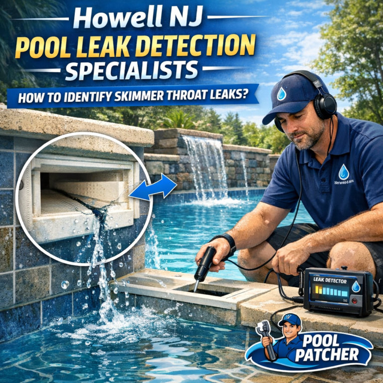 Technician using professional equipment to detect skimmer throat leaks in a Howell NJ pool.