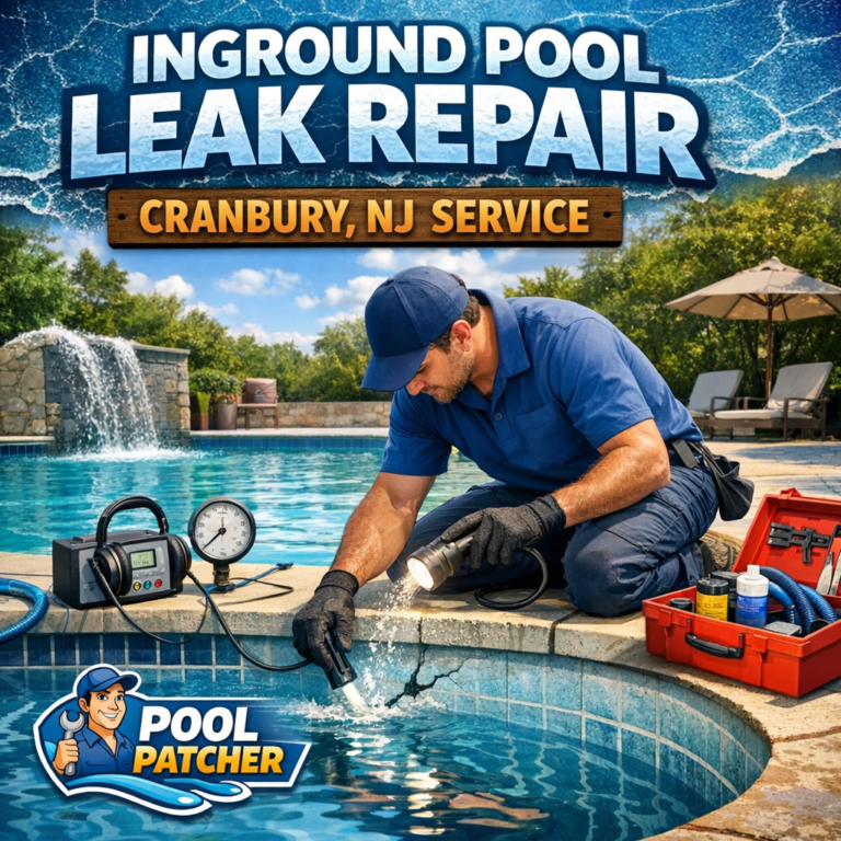 Technician repairing an inground pool leak using specialized tools at a residential Cranbury, NJ home.