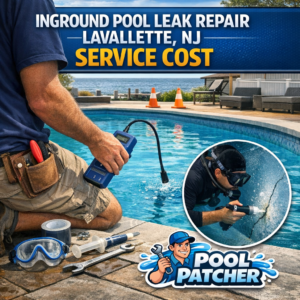 Inground pool with clear water and tools for leak repair on the edge in Lavallette, NJ.