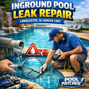 Technician repairing an inground pool leak outdoors with tools and equipment in Lavallette, NJ.