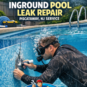 Technician repairing an inground pool leak with specialized equipment in Piscataway, NJ.