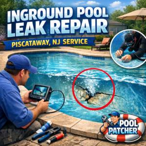 Technician repairing a leak on an inground pool in Piscataway, NJ with specialized tools.