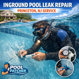 Technician repairing an inground pool leak with equipment beside the pool in Princeton, NJ.