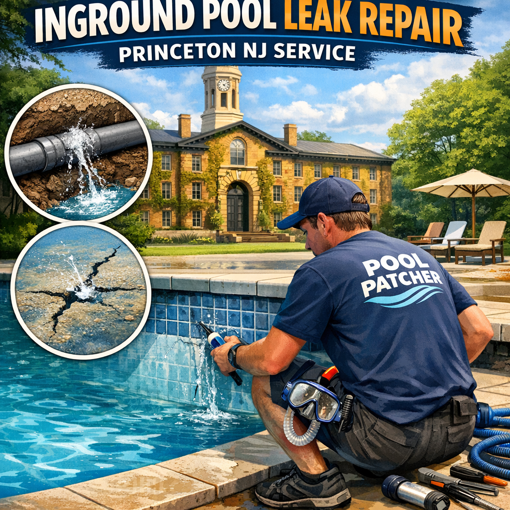 Technician repairing an inground pool leak with patching materials in Princeton, NJ.