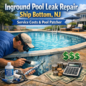 Diagram showing inground pool leak repair steps, cost estimates, and patching solutions in Ship Bottom, NJ.