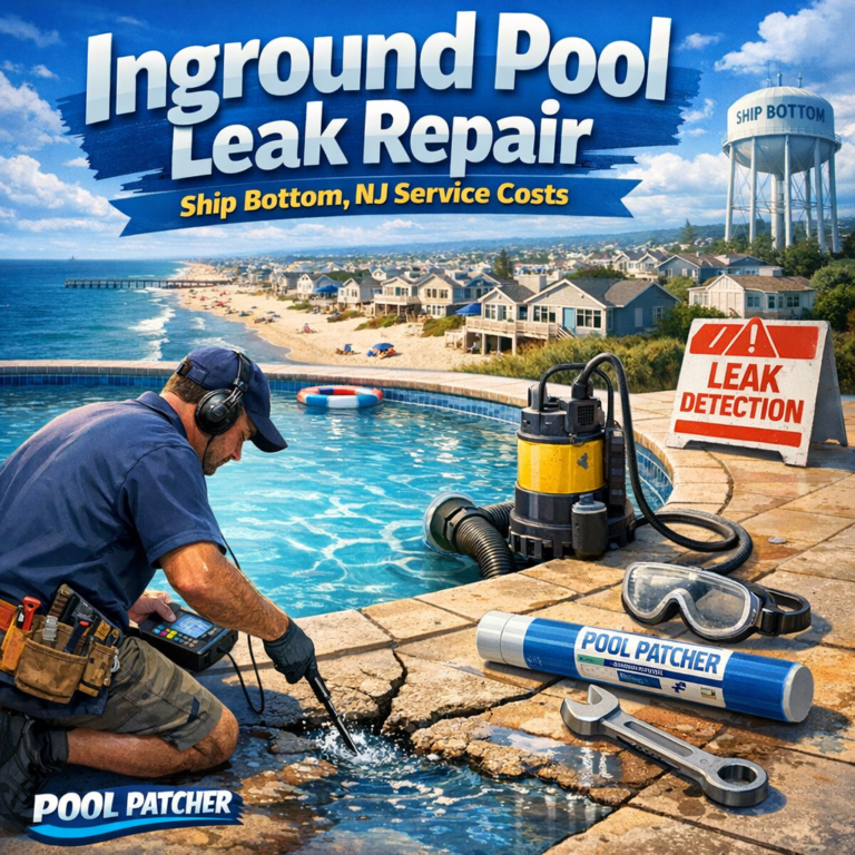 Above-ground view of an inground pool with pool leak repair in progress, showing patching and repair tools.