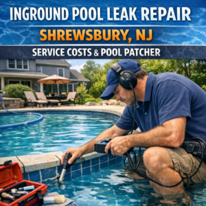 Close-up of a hand repairing a leak on an inground pool with a patch in Shrewsbury, NJ.