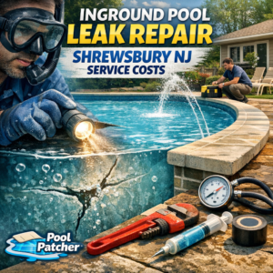 Diagram showing inground pool leak repair services and cost details in Shrewsbury, NJ.