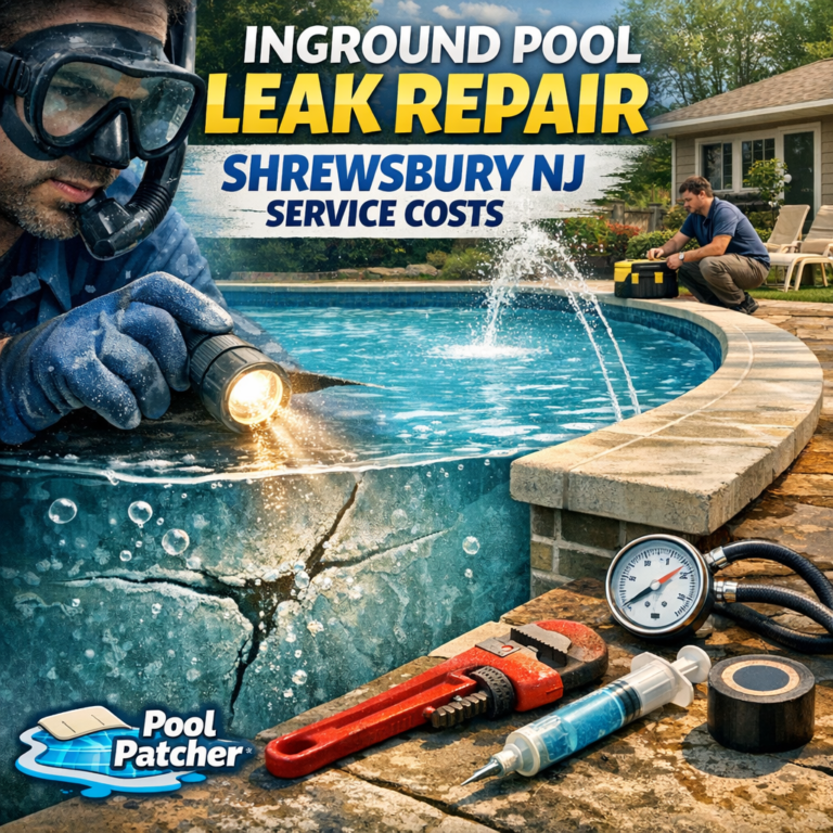 Diagram showing inground pool leak repair services and cost details in Shrewsbury, NJ.