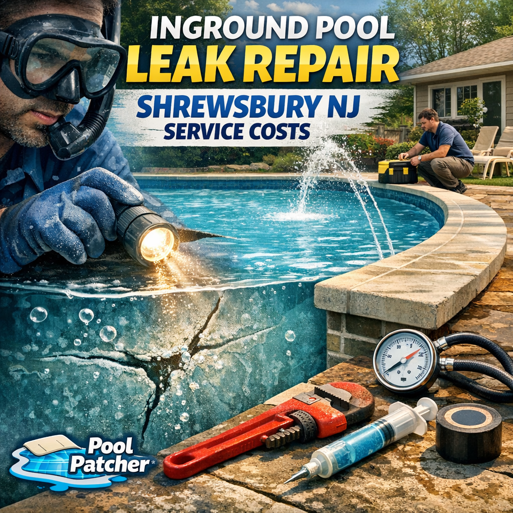 Diagram showing inground pool leak repair services and cost details in Shrewsbury, NJ.