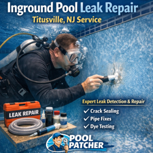 Technician repairing an inground pool leak with professional tools in Titusville, NJ.