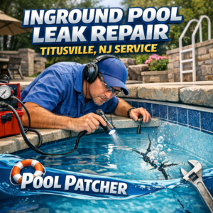 Technician repairing an inground pool leak with specialized tools at a Titusville, NJ residential pool.