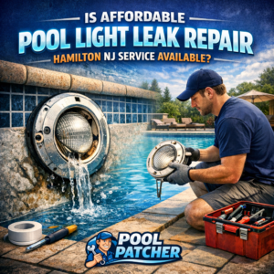 Close-up of a pool light with water and tools, illustrating pool light leak repair in Hamilton, NJ.