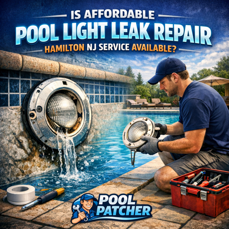Close-up of a pool light with water and tools, illustrating pool light leak repair in Hamilton, NJ.