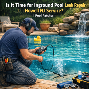 Technician repairing an inground pool leak in Howell, NJ, using specialized tools for precise pool patching.