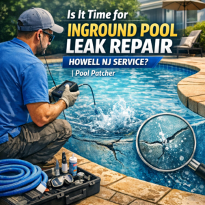 Technician repairing an inground pool leak with specialized equipment in Howell, NJ.