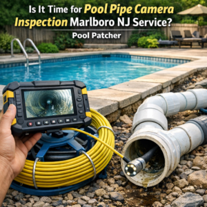 Technician using a camera to inspect pool pipes for maintenance and repair in Marlboro, NJ.