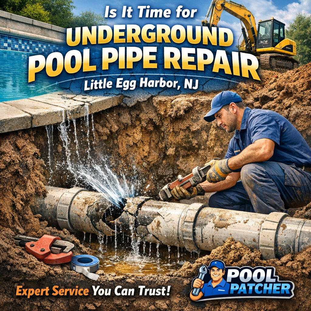 Technician inspecting underground pool pipe with tools beside a pool in Little Egg Harbor, NJ.