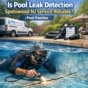 Technician performing underwater pool leak detection in a residential pool in Spotswood, NJ.