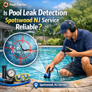 Technician using advanced equipment to detect leaks in a residential swimming pool in Spotswood, NJ.