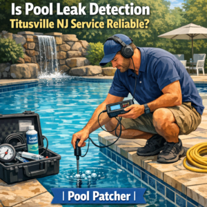 Technician using advanced equipment to detect leaks in a residential swimming pool in Titusville, NJ.