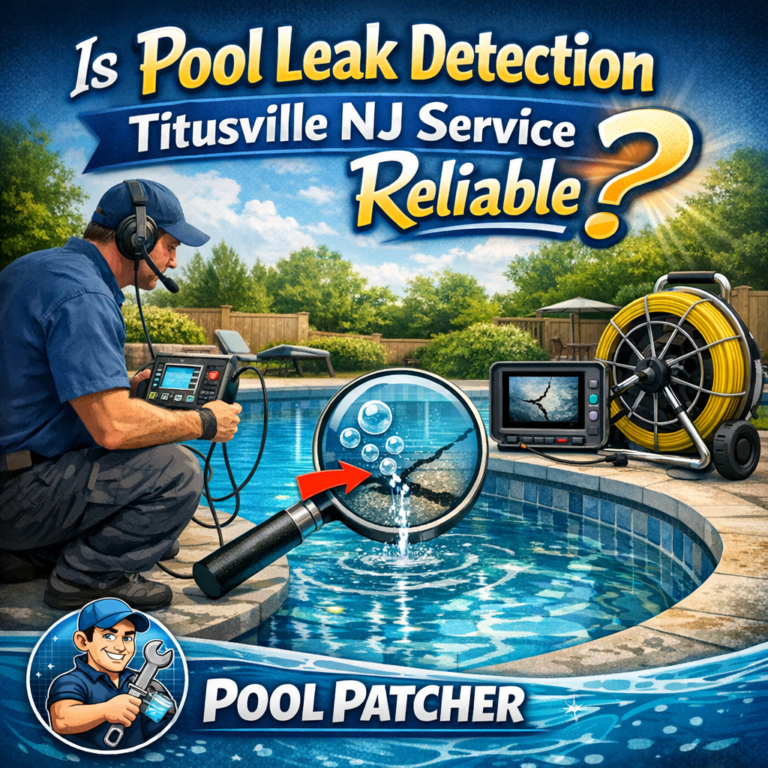 Technician performing pool leak detection and repair on a residential pool in Titusville, NJ.