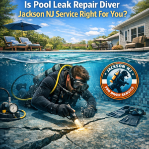 Diver performing underwater pool leak repair in a residential pool in Jackson, NJ.
