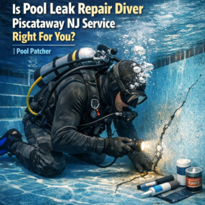 Pool leak repair diver in Piscataway, NJ inspects and fixes a cracked swimming pool underwater.