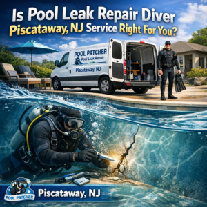 Professional diver inspecting a pool underwater for leak repair in Piscataway, NJ.
