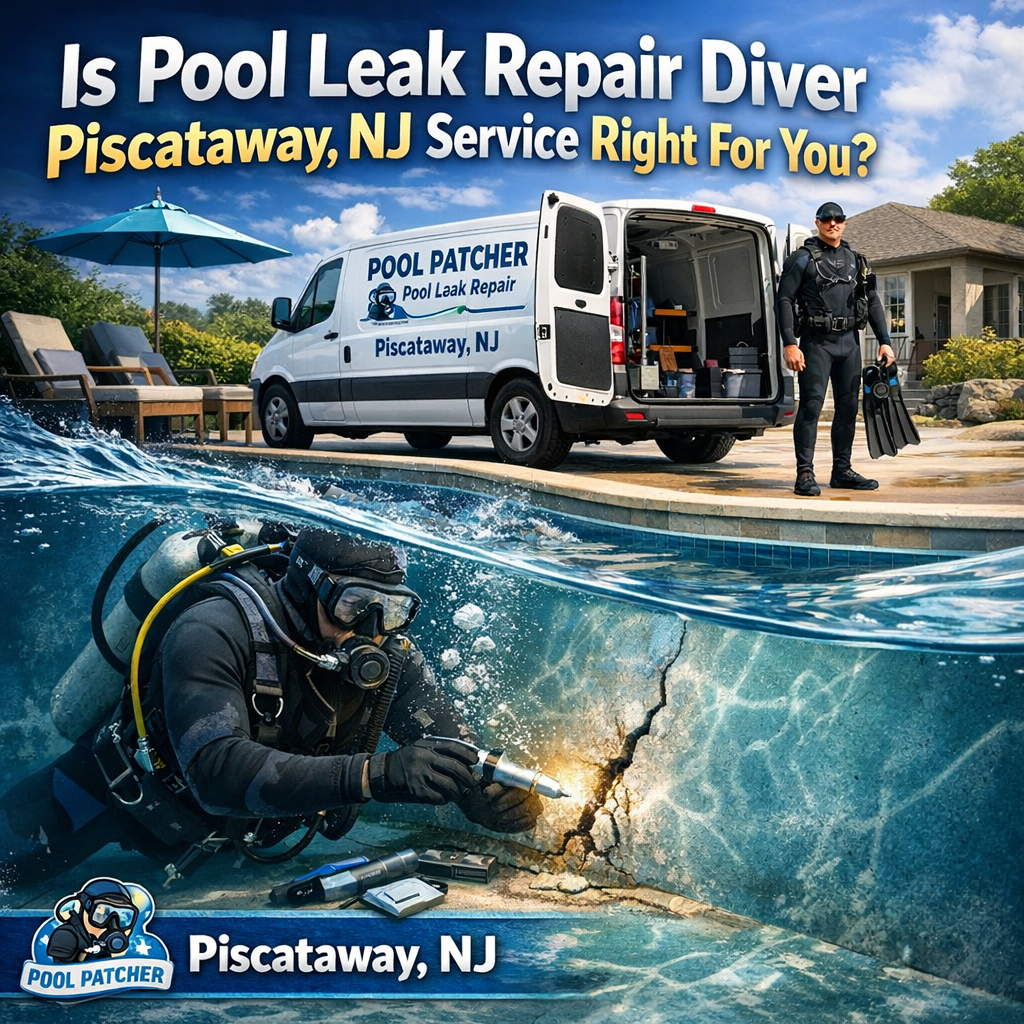 Professional diver inspecting a pool underwater for leak repair in Piscataway, NJ.