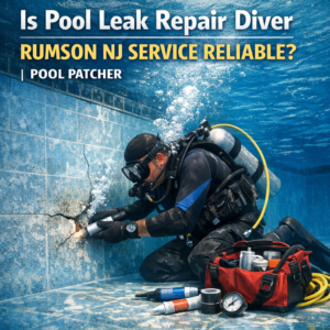 Diver wearing gear repairing a pool leak underwater in Rumson, NJ, ensuring reliable pool maintenance.