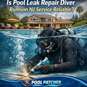 Diver inspecting and repairing a pool leak underwater in a residential pool in Rumson, NJ.
