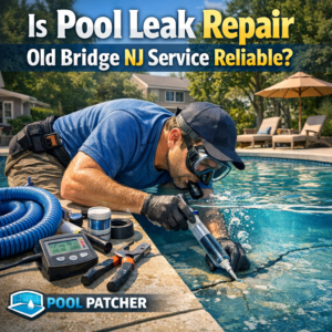 Technician repairing a swimming pool leak using specialized equipment in Old Bridge, NJ.